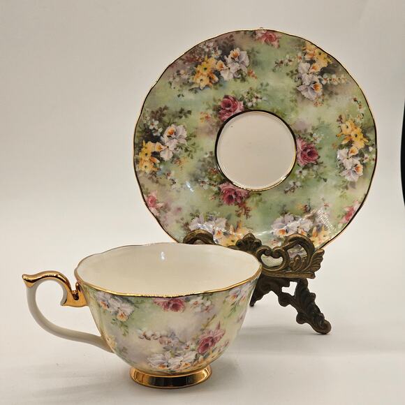 Vintage Bradford Editions Lena Liu "Exquisite" Floral Teacup & Saucer Set - Picture 5 of 5